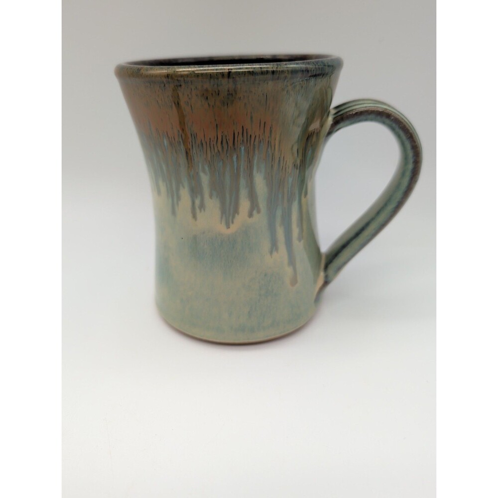 Studio Pottery Hand Thrown Stoneware Hourglass Mug Green Copper Drip Glaze